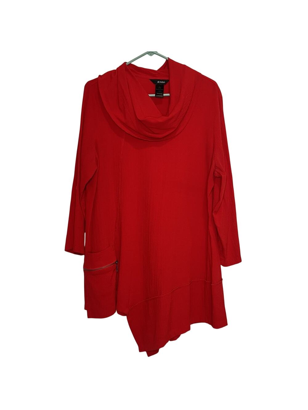 Ali Miles Tunic Top Size L Red Roll Up 3/4 Sleeve Cowl Neck Asymmetric Textured